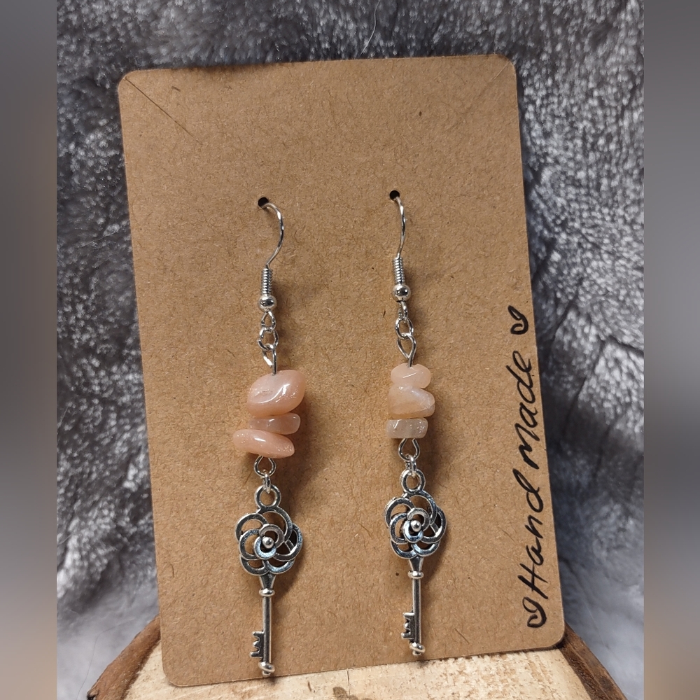 Handmade Peach Moonstone Flower Key Charm Earrings